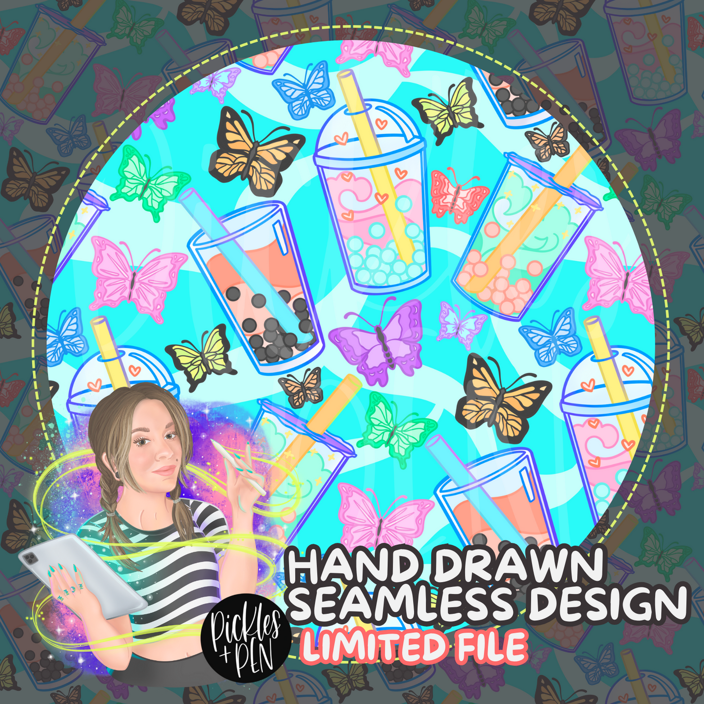 Butterflies And Boba Seamless Pattern - [UNLIMITED]