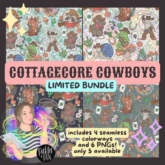 Cottagecore Cowboys FULL BUNDLE - 4 Seamless Colorways + 6 PNG Designs - [LIMITED TO 5 BUNDLES ONLY]