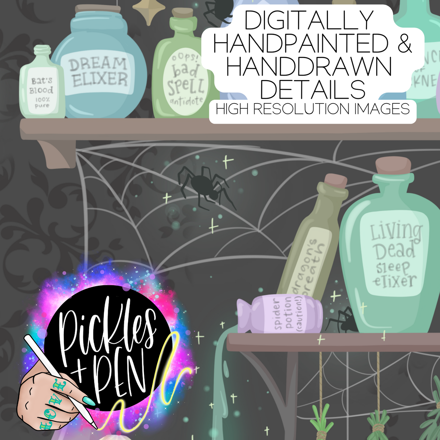 Potions x Spiders Seamless Pattern Design - Hand Drawn Files