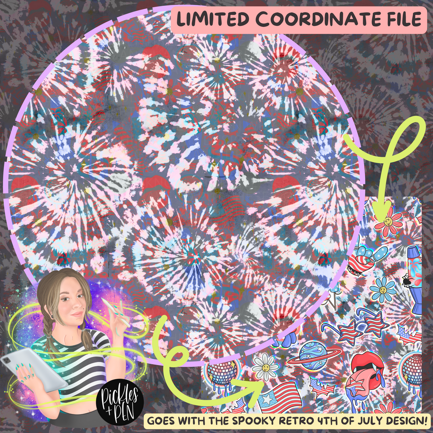 TRIPPY Tie Dye Retro Spooky 4th of July - Seamless Design - (w/ COORD FILE!) - [LIMITED]