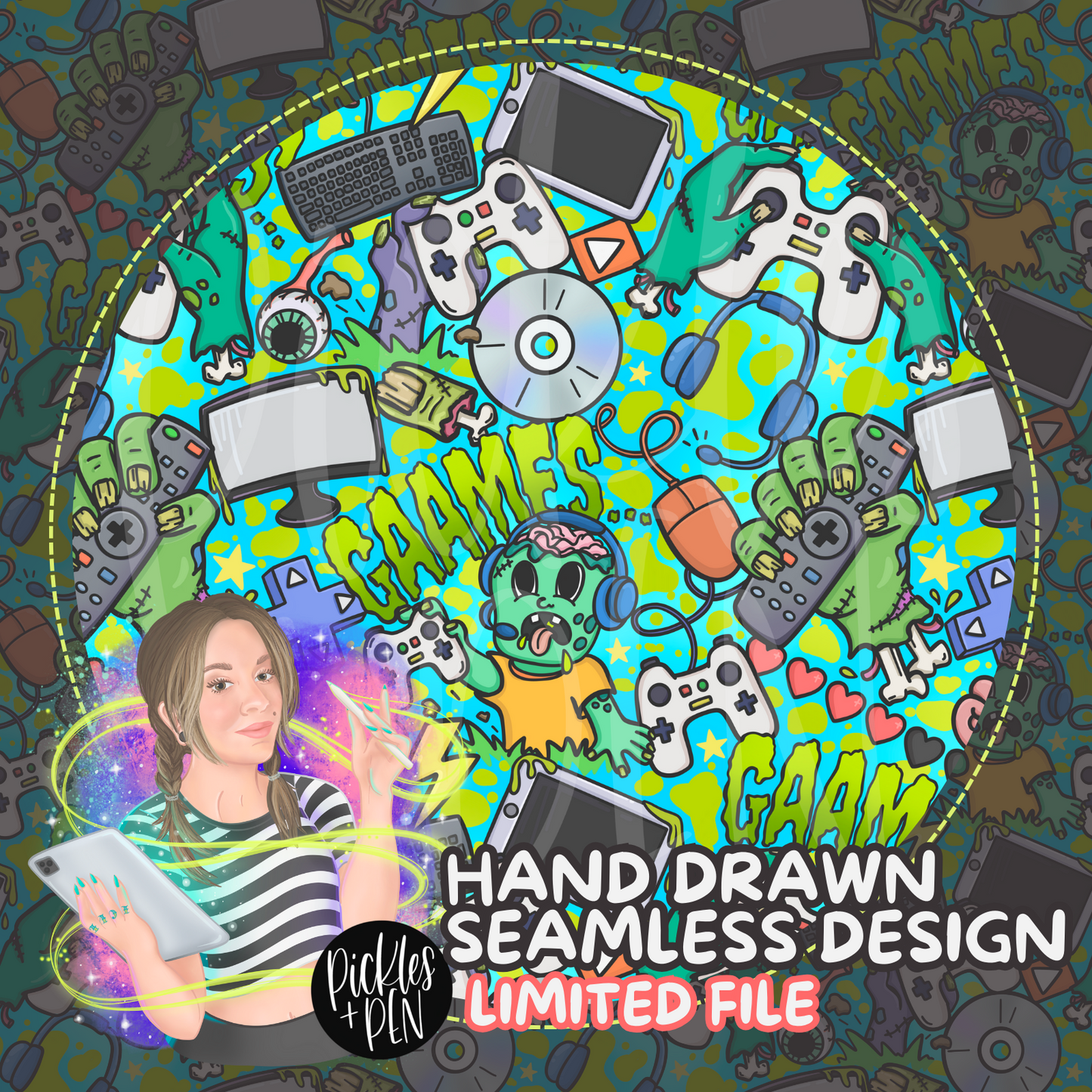 Zombie Gamer Kid Seamless Pattern Design - [UNLIMITED DESIGN]